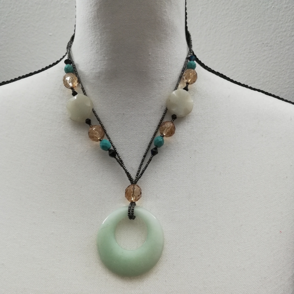 Signed Lia Sophia Green Jade Pendant Beaded Necklace
